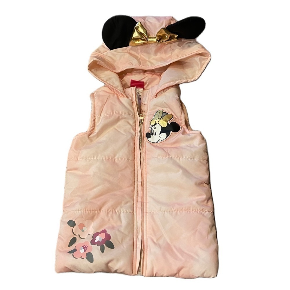 Disney Minnie Mouse Vest Sz 4T Pink Hooded Ears Puffer Full Zip Flower